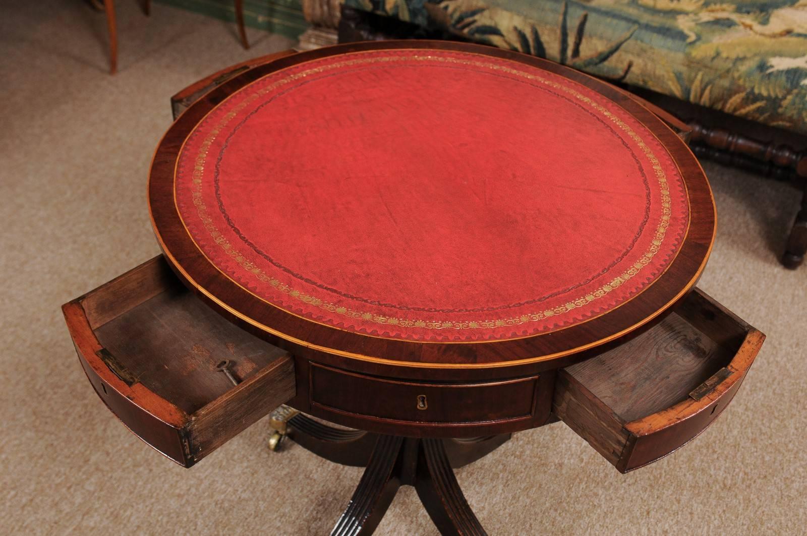 Early 19th Century English Regency Revolving Drum Table with Red Leather Top 1
