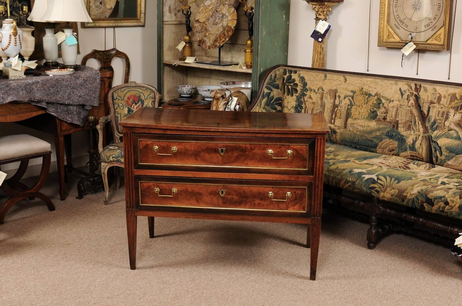 Late 18th Century French Louis XVI Walnut Commode with Brass Trim In Good Condition In Atlanta, GA