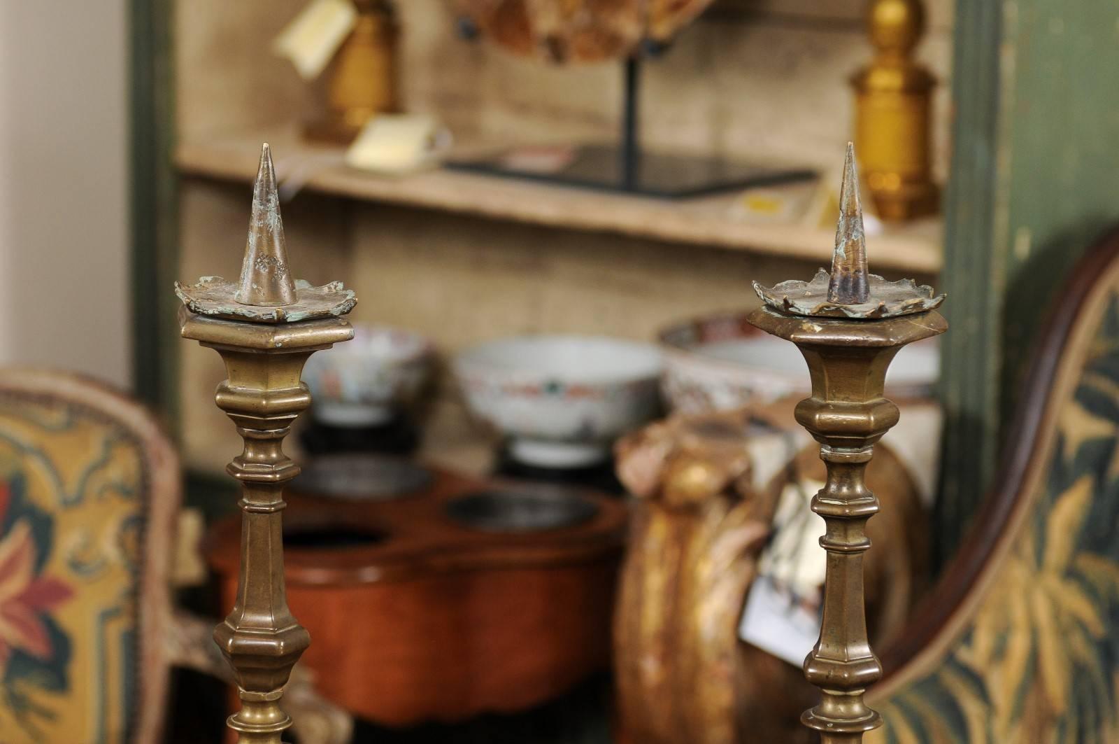 Pair of 17th Century Brass Candlesticks, Bologna, Italy In Good Condition For Sale In Atlanta, GA