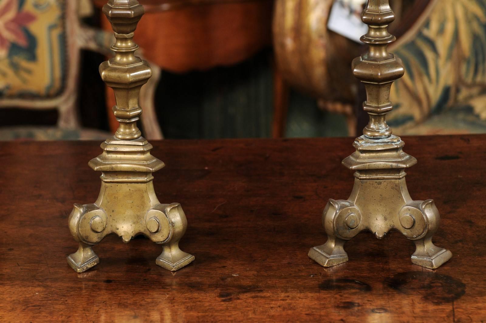 18th Century and Earlier Pair of 17th Century Brass Candlesticks, Bologna, Italy For Sale