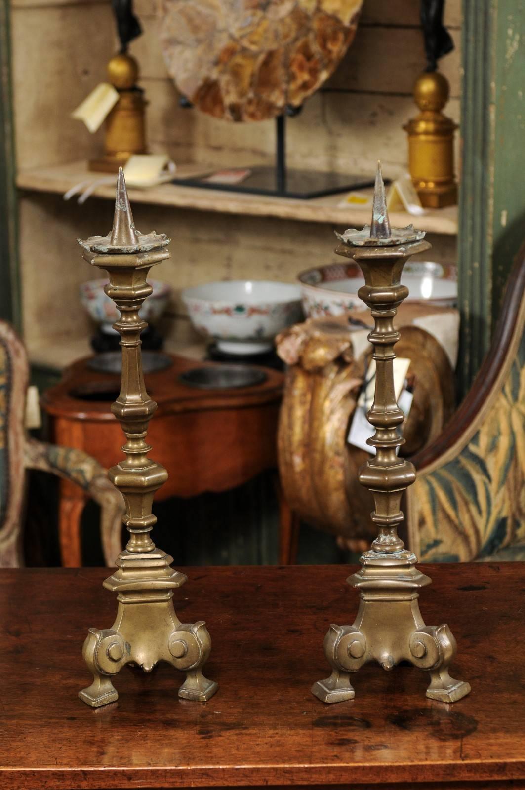 Pair of 17th Century Brass Candlesticks, Bologna, Italy For Sale 3