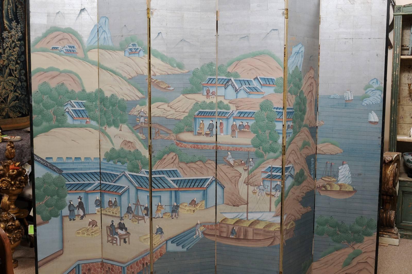 Large 6-panel painted paper folding screen with Chinese scenes and black painted border, dates from the mid-20th century.