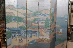 6-teiliger Raumteiler aus bemaltem Papier mit chinesischen Szenen, Mitte des 20. Jahrhunderts