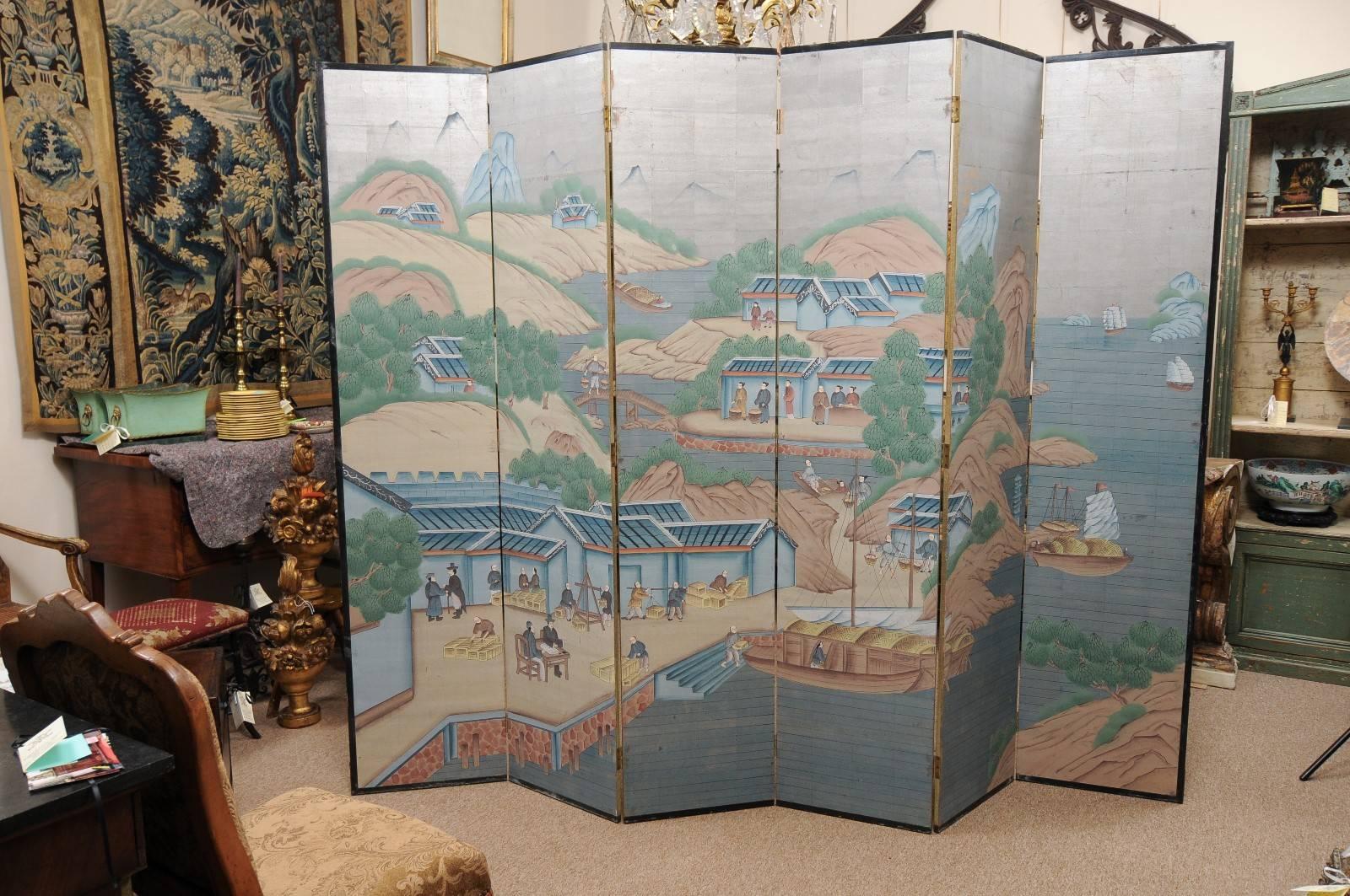 6-Panel Painted Paper Folding Screen with Chinese Scenes, Mid-20th Century In Good Condition In Atlanta, GA