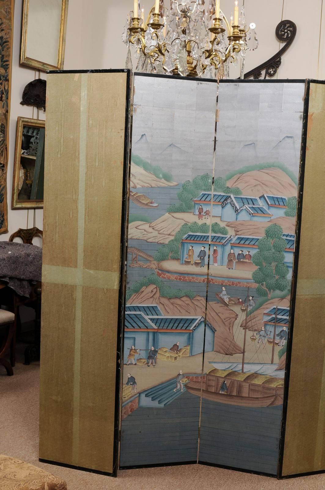 6-Panel Painted Paper Folding Screen with Chinese Scenes, Mid-20th Century 7