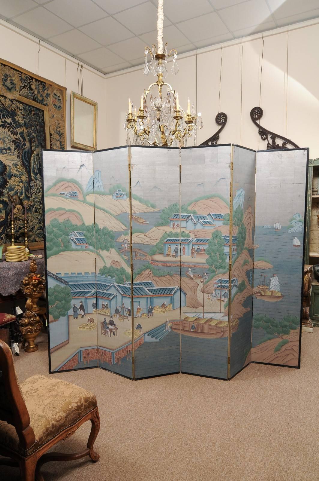 6-Panel Painted Paper Folding Screen with Chinese Scenes, Mid-20th Century 1