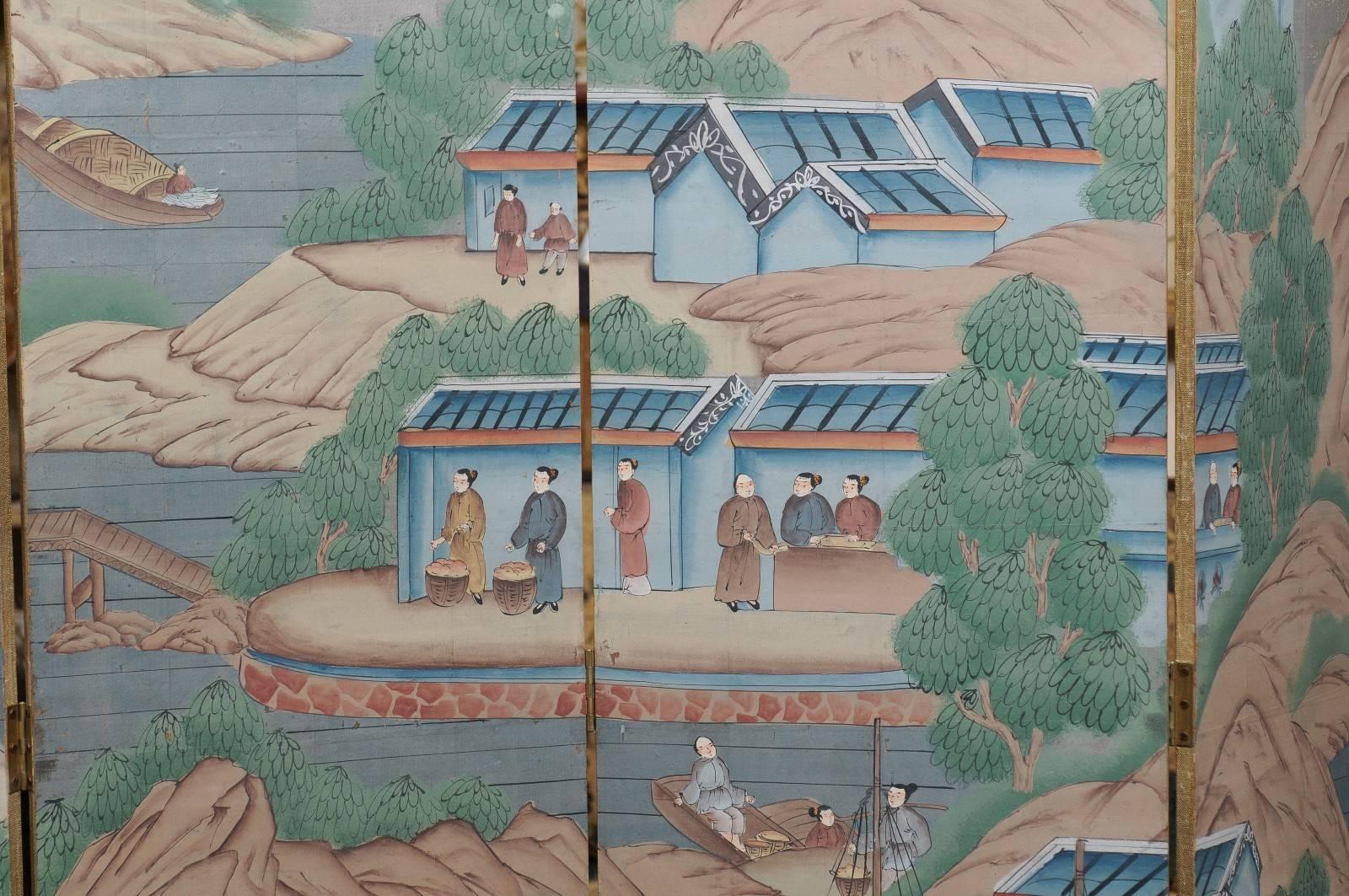 6-Panel Painted Paper Folding Screen with Chinese Scenes, Mid-20th Century 5