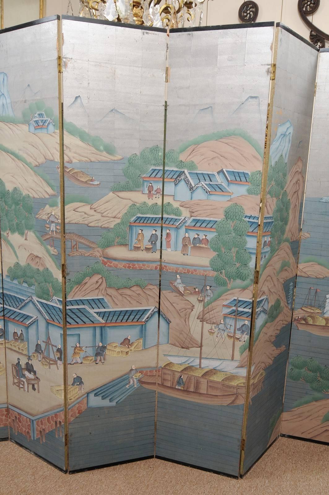6-Panel Painted Paper Folding Screen with Chinese Scenes, Mid-20th Century 3