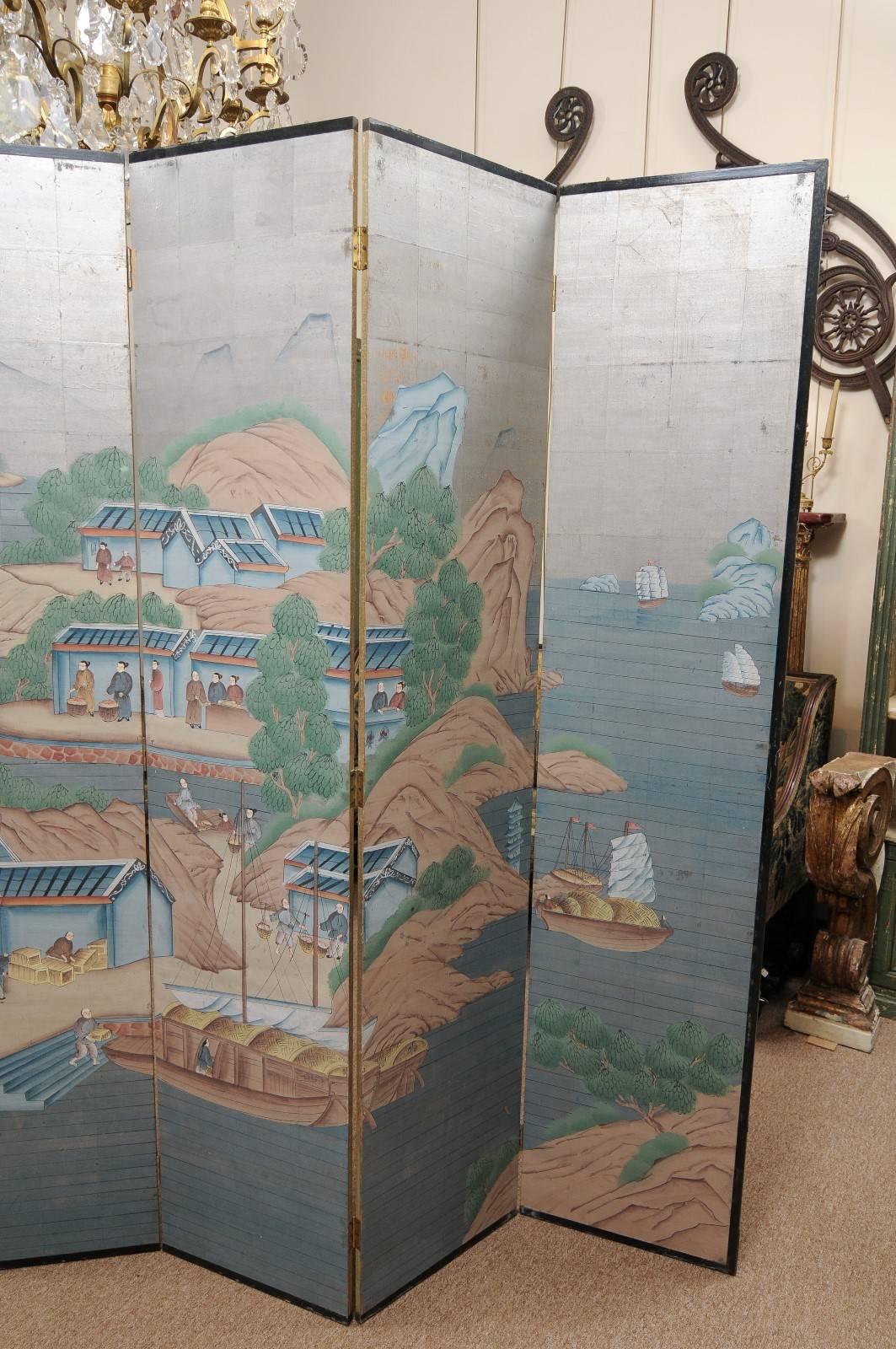 6-Panel Painted Paper Folding Screen with Chinese Scenes, Mid-20th Century 4