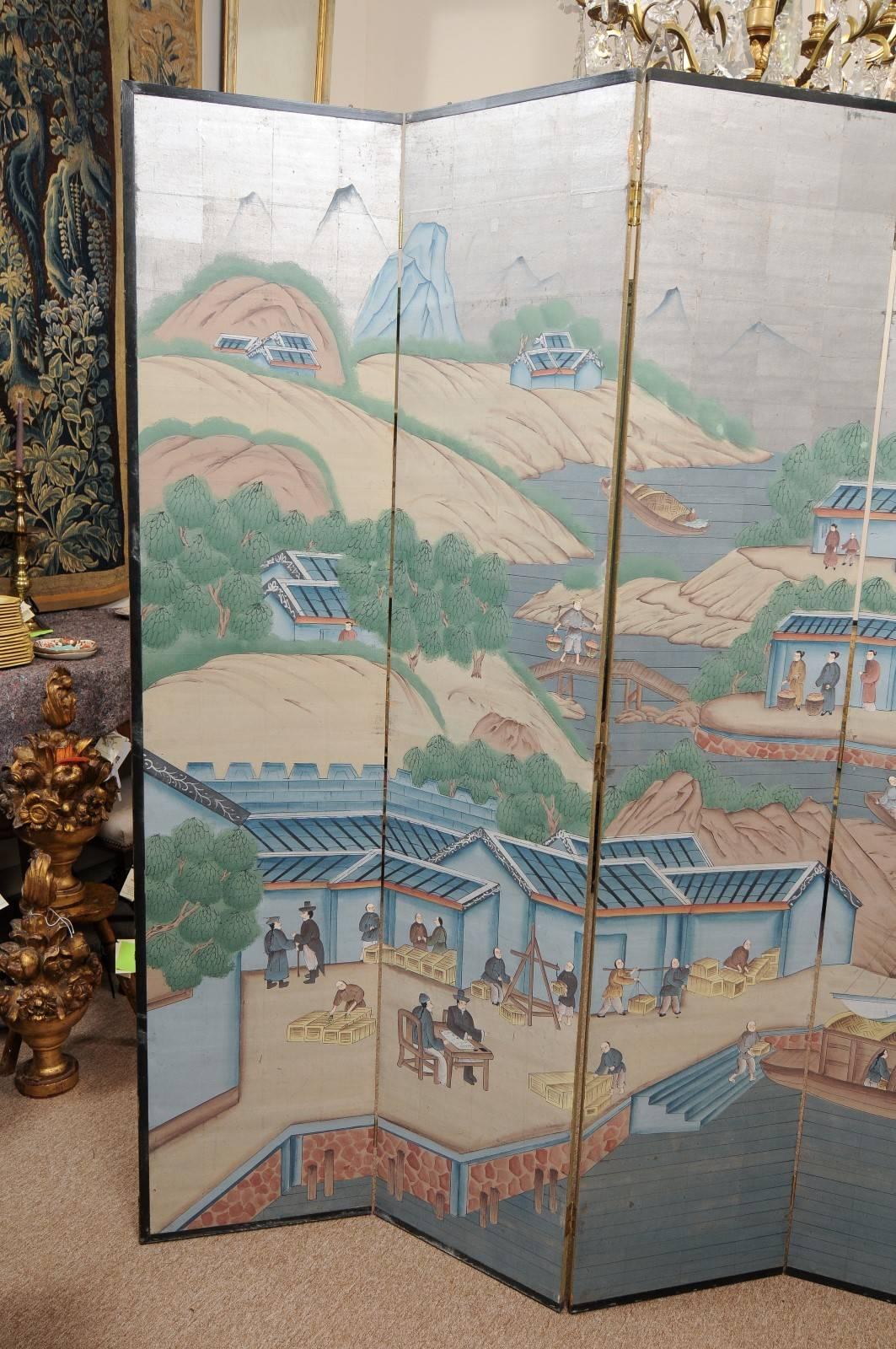 6-Panel Painted Paper Folding Screen with Chinese Scenes, Mid-20th Century 2