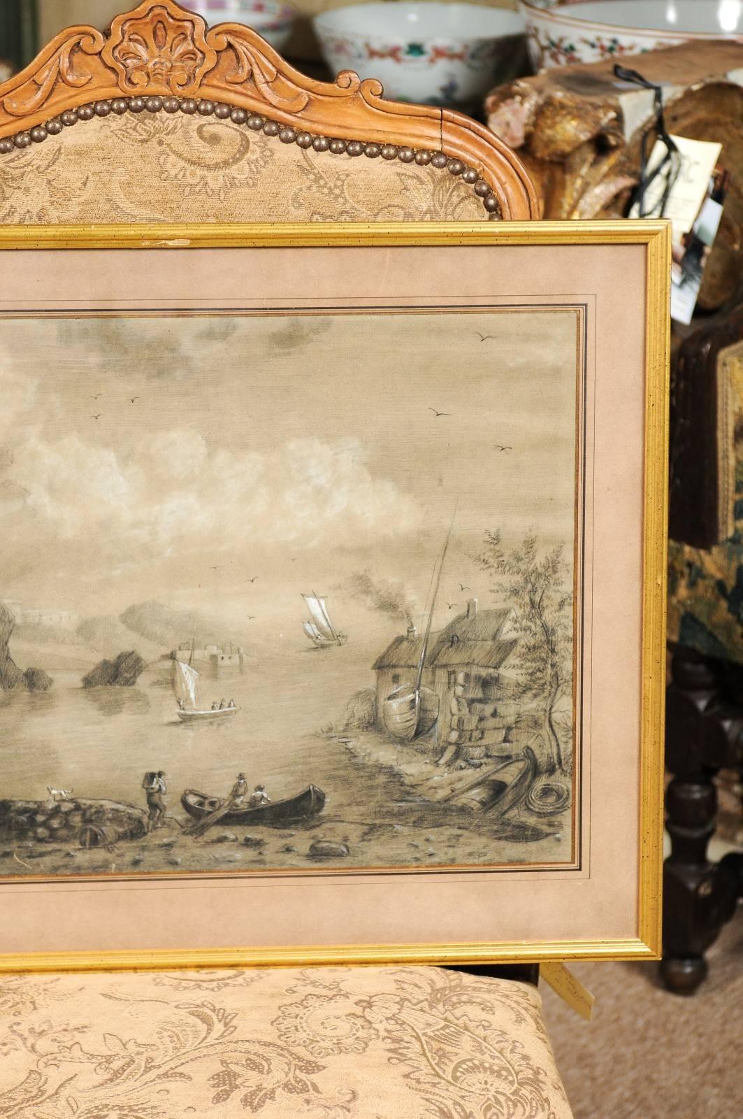 Paper Giltwood Framed 19th Century French Drawing and Watercolor Landscape