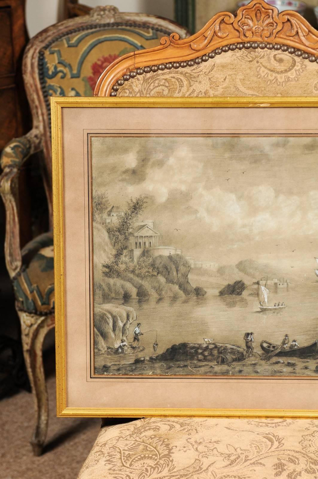 Giltwood Framed 19th Century French Drawing and Watercolor Landscape In Good Condition In Atlanta, GA