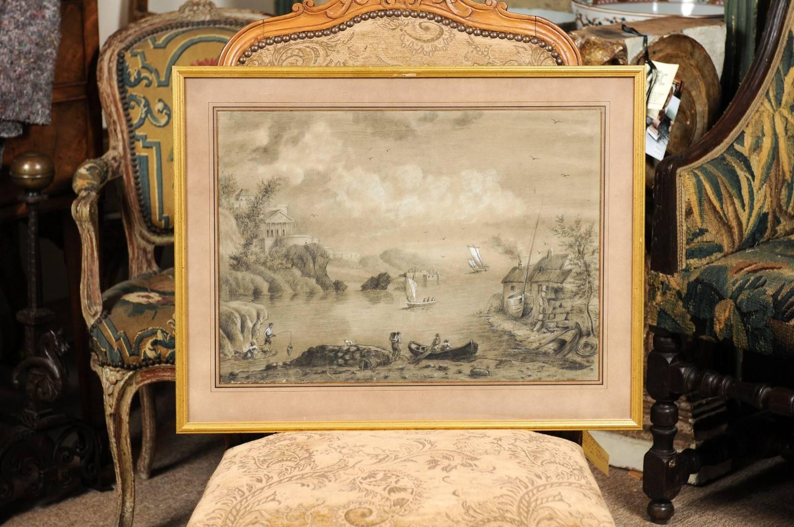 Early 19th century French landscape watercolor painting and drawing of grey color palette in giltwood frame and pink matting. Painting features a body of water with sailboats and village.