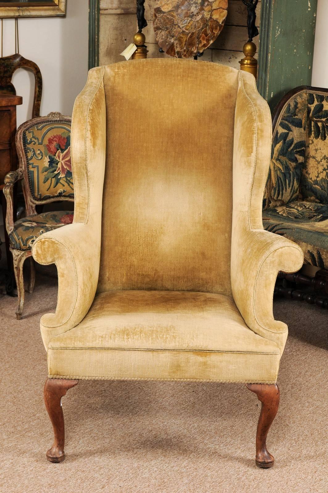 Velvet 19th Century Queen Anne Style Walnut Wing Chair