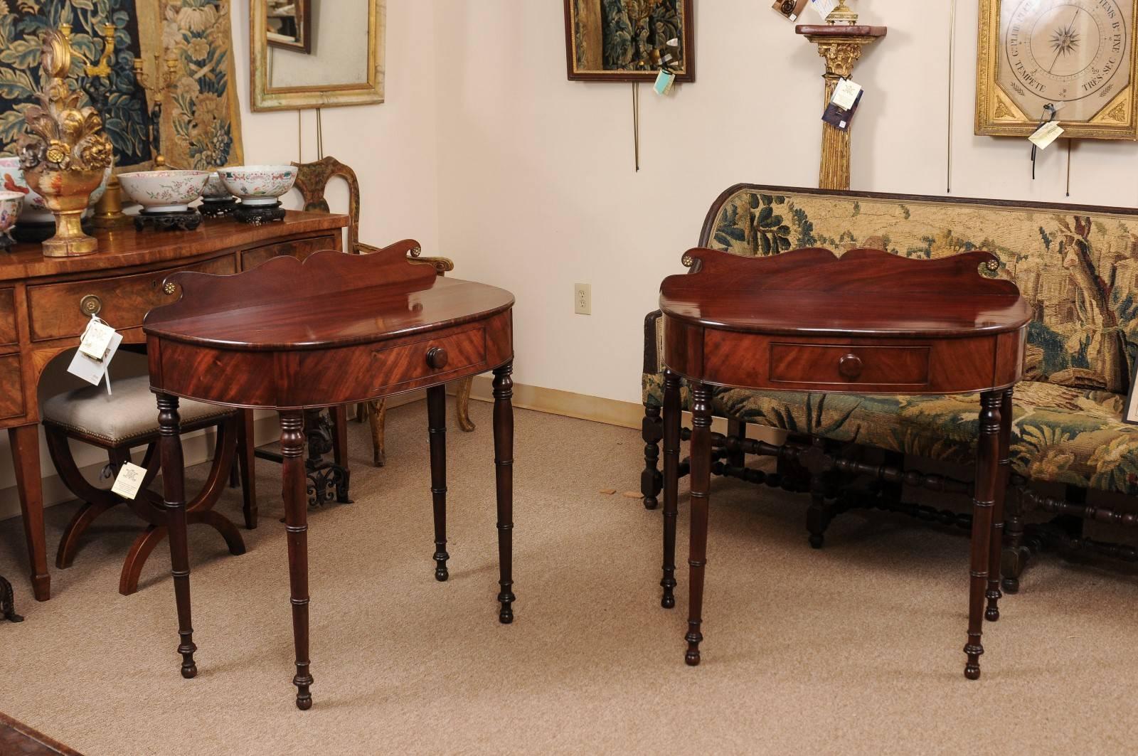 American Pair of 19th Century Federal Style Mahogany Demilune Console Tables