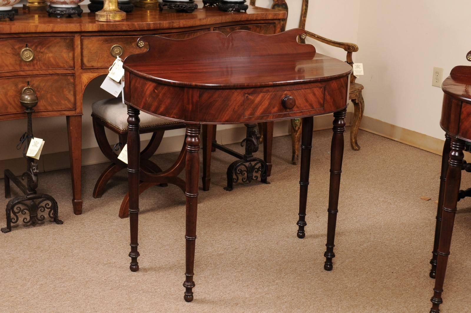 Turned Pair of 19th Century Federal Style Mahogany Demilune Console Tables