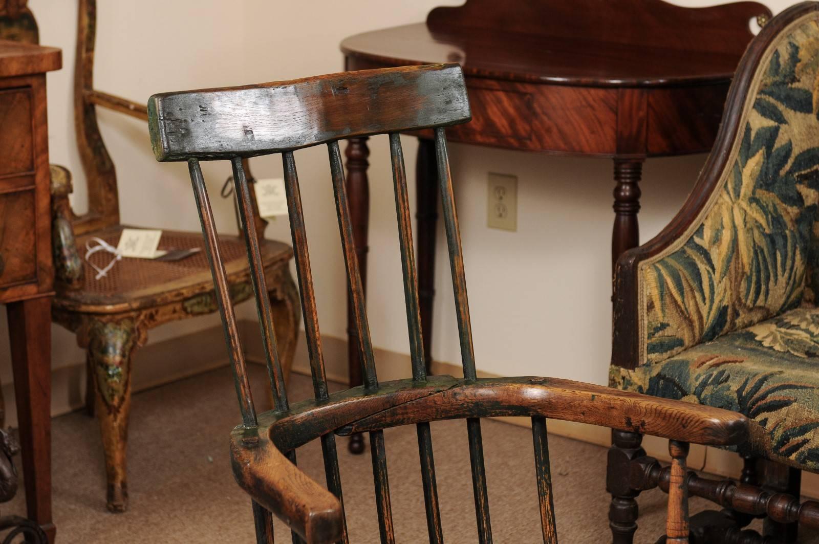 Hand-Painted George III Windsor Chair in Ash with Green Painted Finish and Three Splayed Legs