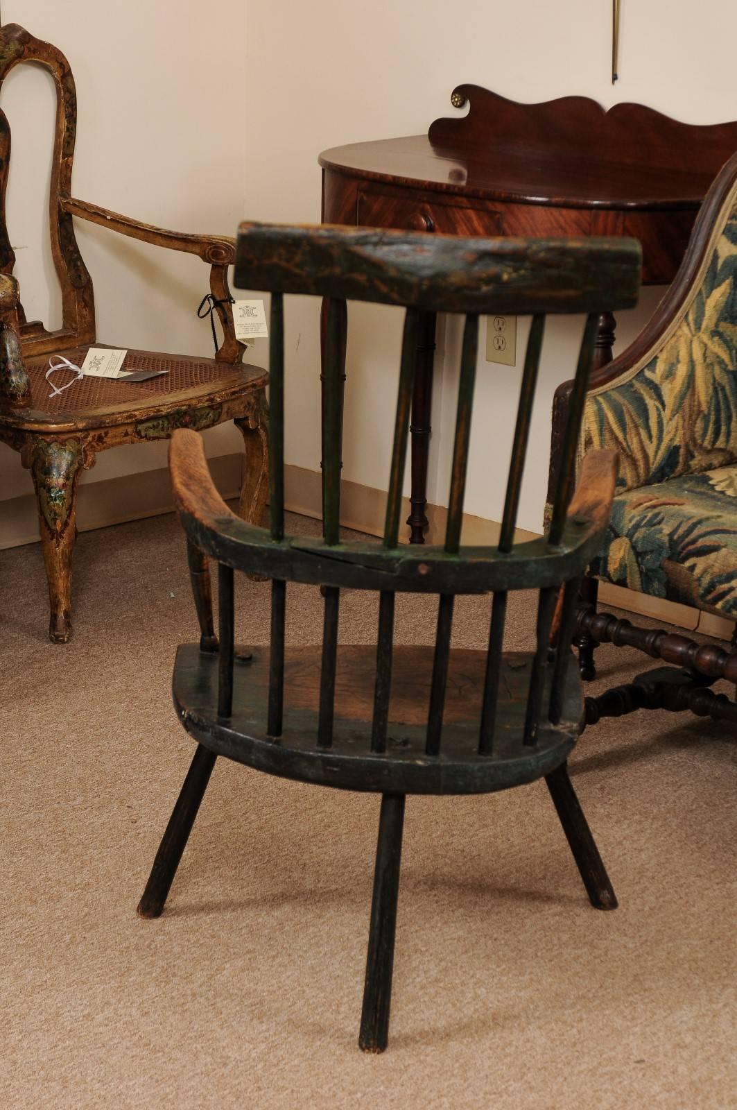 George III Windsor Chair in Ash with Green Painted Finish and Three Splayed Legs 2