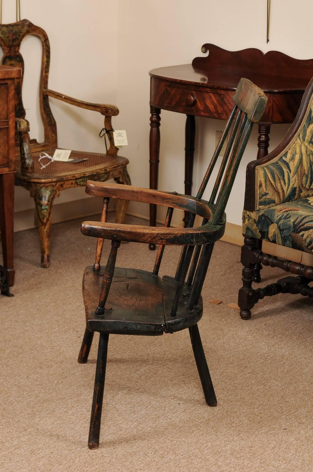 George III Windsor Chair in Ash with Green Painted Finish and Three Splayed Legs 1