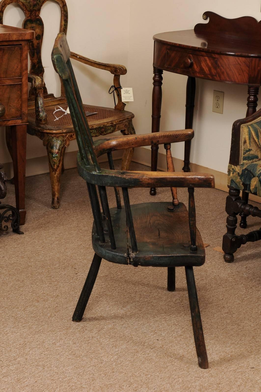 George III Windsor Chair in Ash with Green Painted Finish and Three Splayed Legs 3