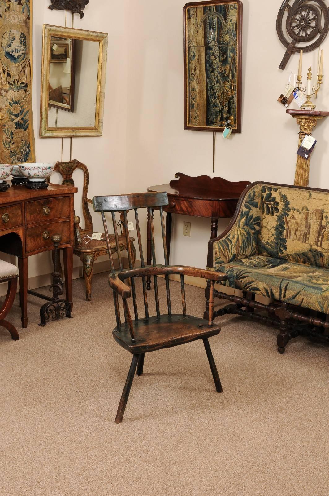 English George III Windsor Chair in Ash with Green Painted Finish and Three Splayed Legs