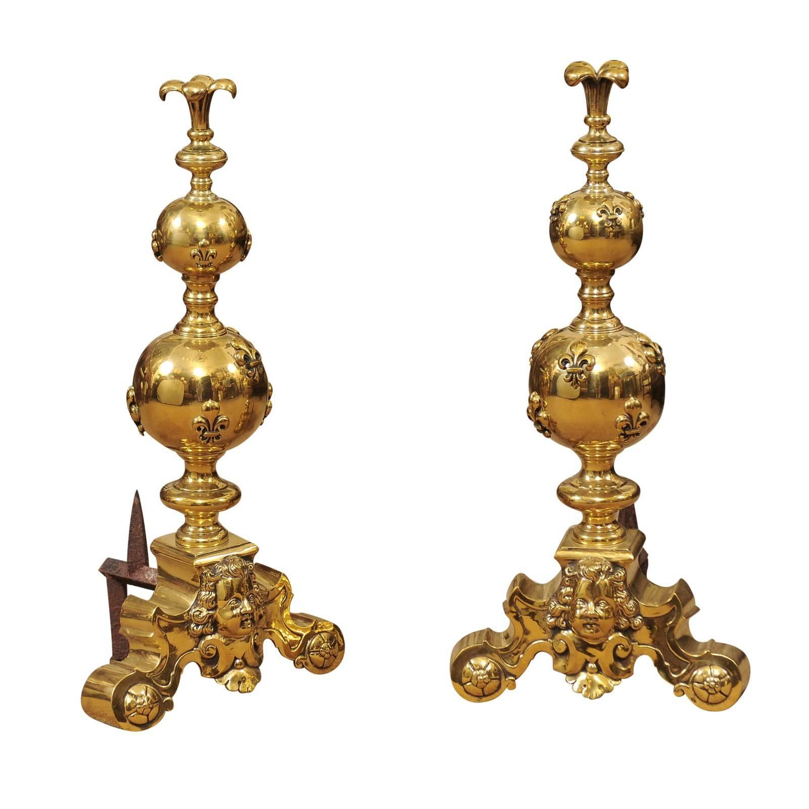 Pair of Large 19th Century Brass Andirons with Fleur di Lyes For Sale