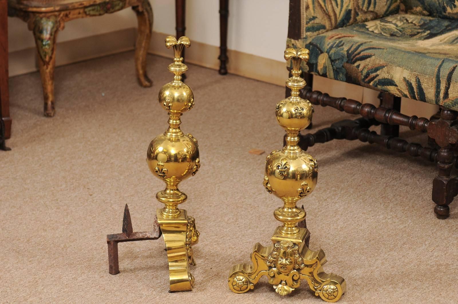 Pair of Large 19th Century Brass Andirons with Fleur di Lyes In Good Condition For Sale In Atlanta, GA