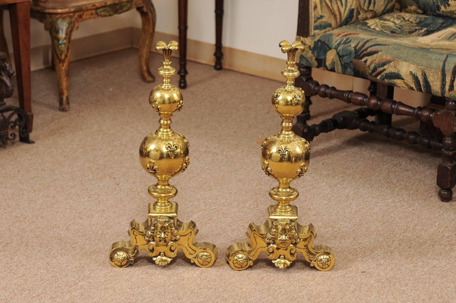 Pair of Large 19th Century Brass Andirons with Fleur di Lyes For Sale 4