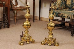 Pair of Large 19th Century Brass Andirons with Fleur di Lyes