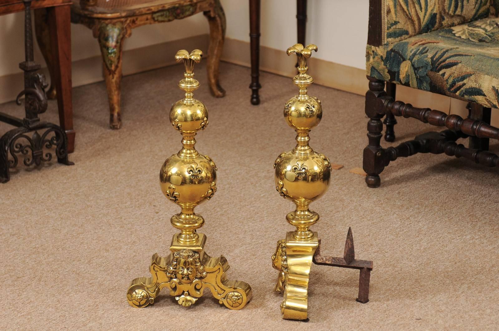 Pair of Large 19th Century Brass Andirons with Fleur di Lyes For Sale 3
