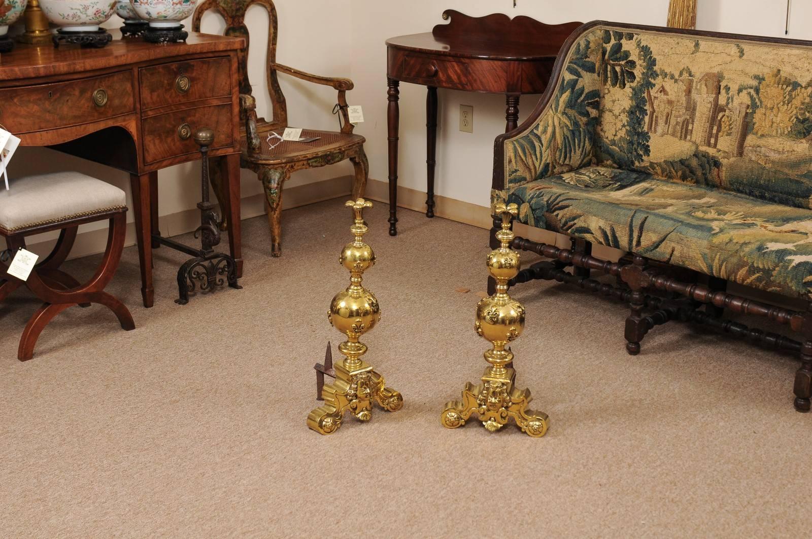 European Pair of Large 19th Century Brass Andirons with Fleur di Lyes For Sale