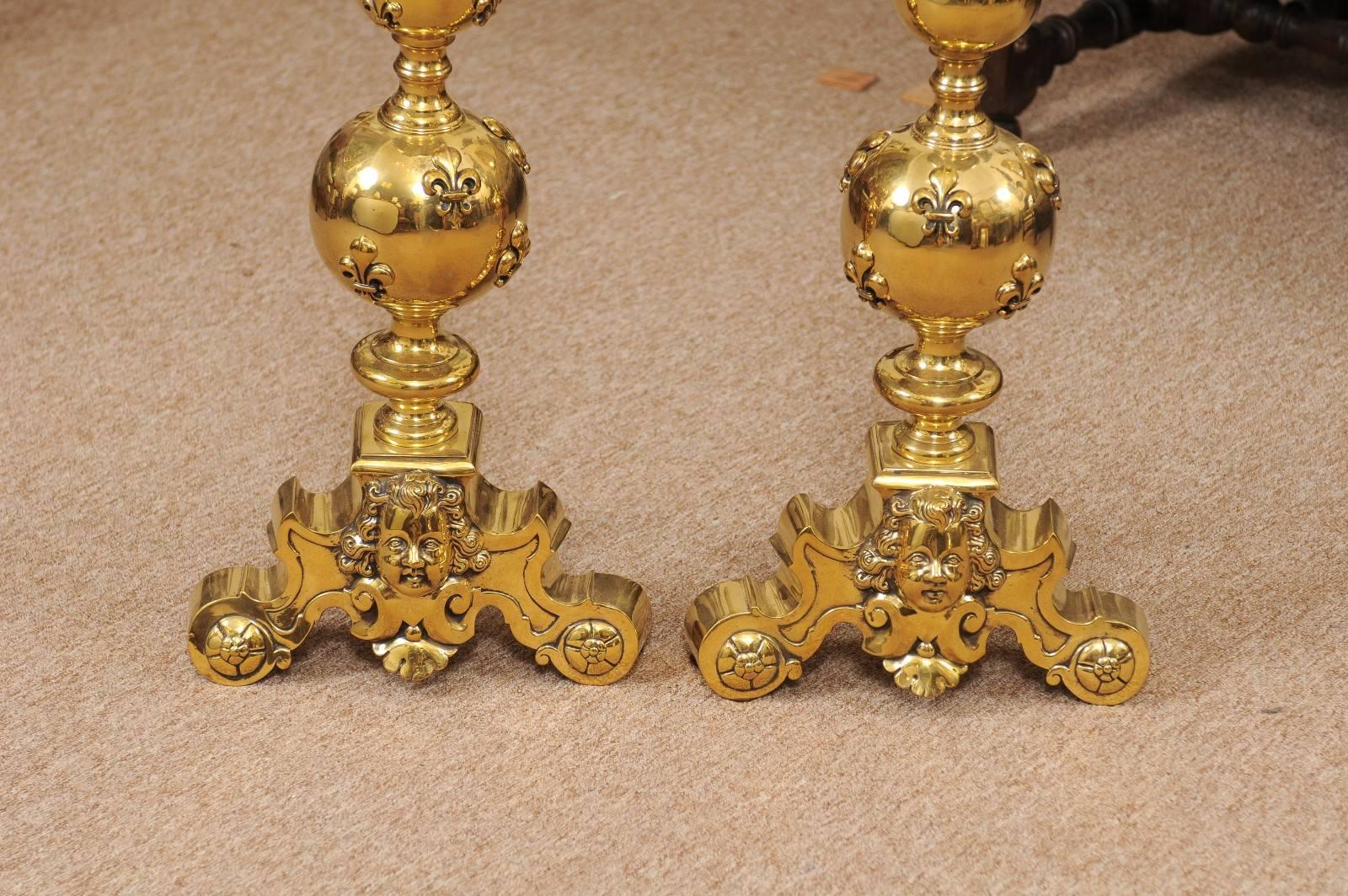 Pair of Large 19th Century Brass Andirons with Fleur di Lyes For Sale 5