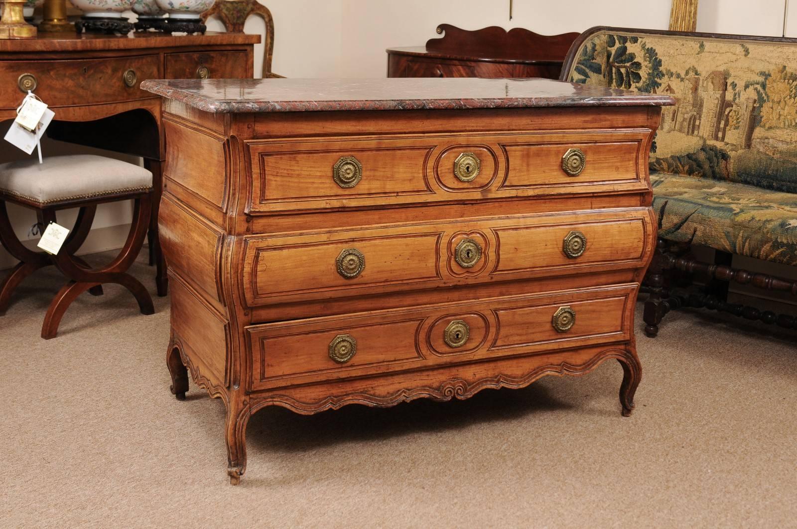 Mid-18th Century 18th Century French Louis XV Fruitwood Commode with Marble Top For Sale