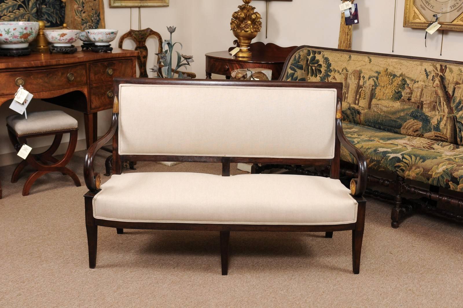 19th Century French Empire Mahogany Settee with Scroll Arms and Gilt Detail In Good Condition In Atlanta, GA