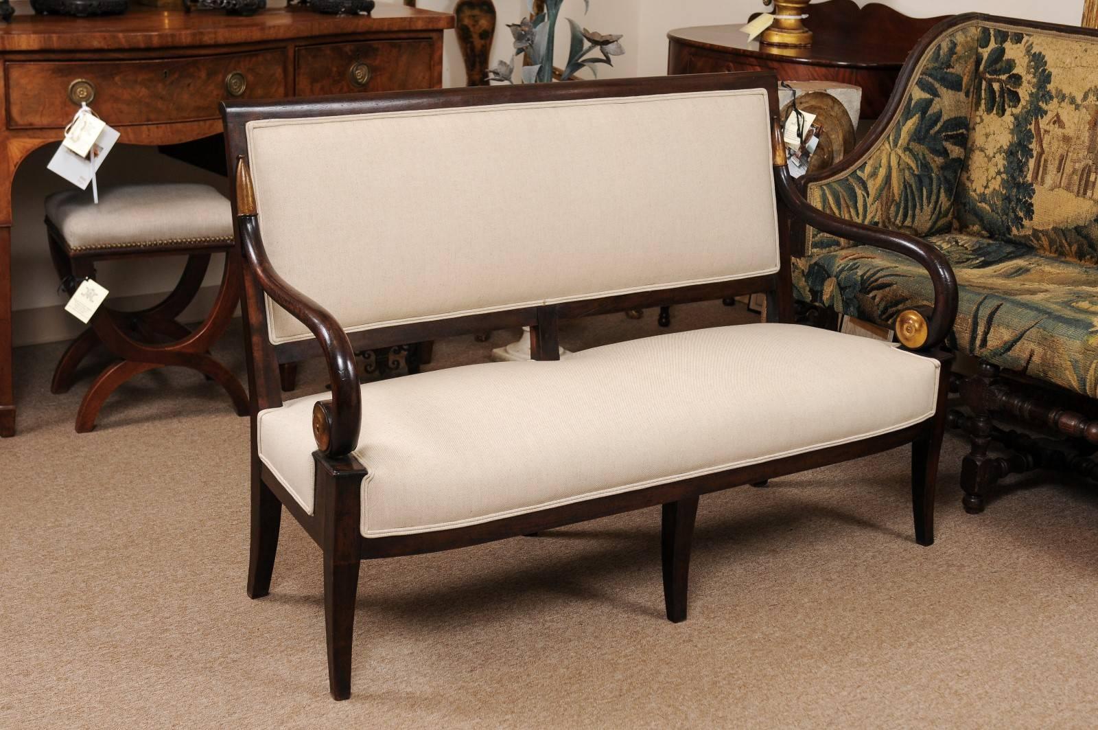 Linen 19th Century French Empire Mahogany Settee with Scroll Arms and Gilt Detail