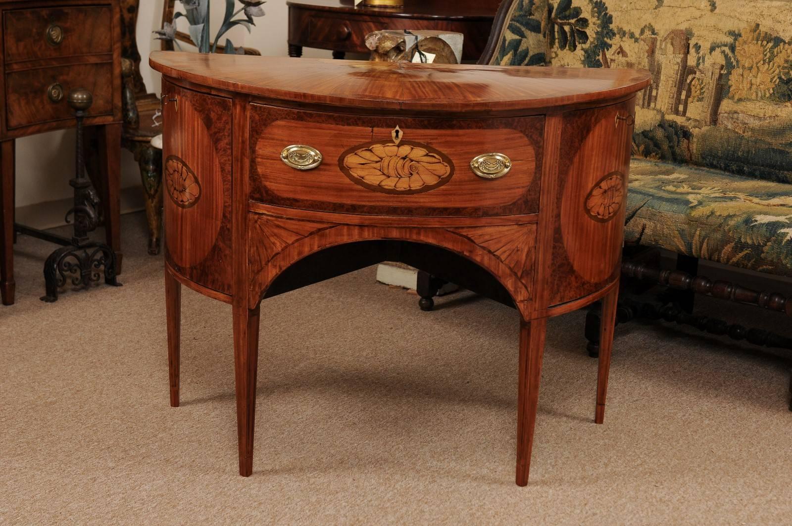 Satinwood D-Shaped Brand Board / Petite Sideboard with Beautiful Shell Inlay on the facade of Center Drawer flanked by Two (2) Cabinet Doors & Tapered Legs, England circa 1820