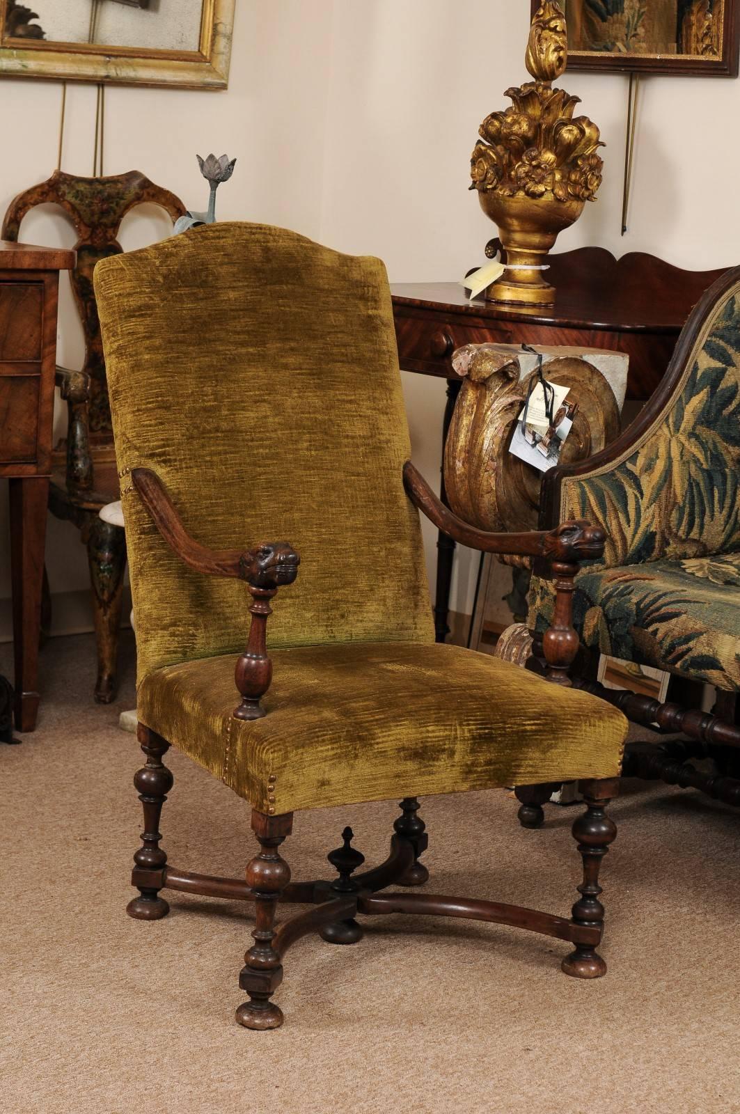Italian unusual early 18th century Baroque walnut armchair with animal heads.