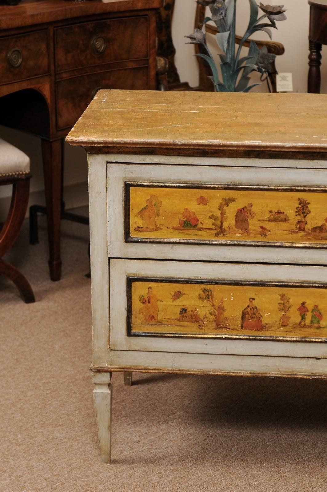 Hand-Painted Early 19th Century Italian Neoclassical Two-Drawer Commode with Painted Scenes