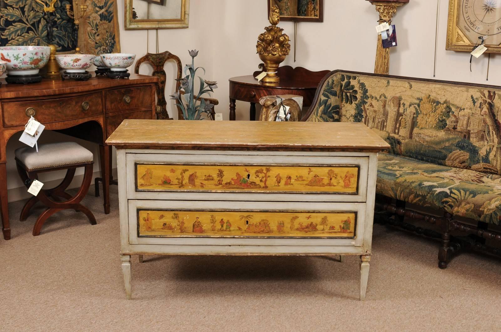 French Early 19th Century Italian Neoclassical Two-Drawer Commode with Painted Scenes