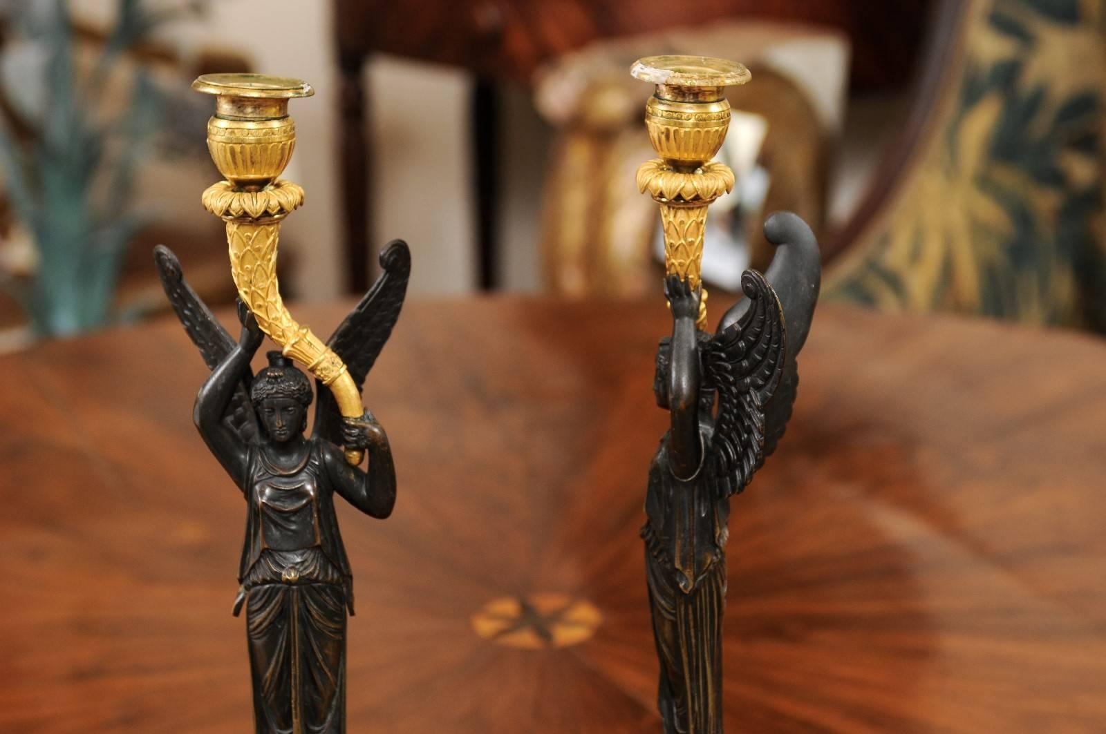 Pair of Empire Candlesticks with Patinated Figures, France, 19th Century For Sale 5