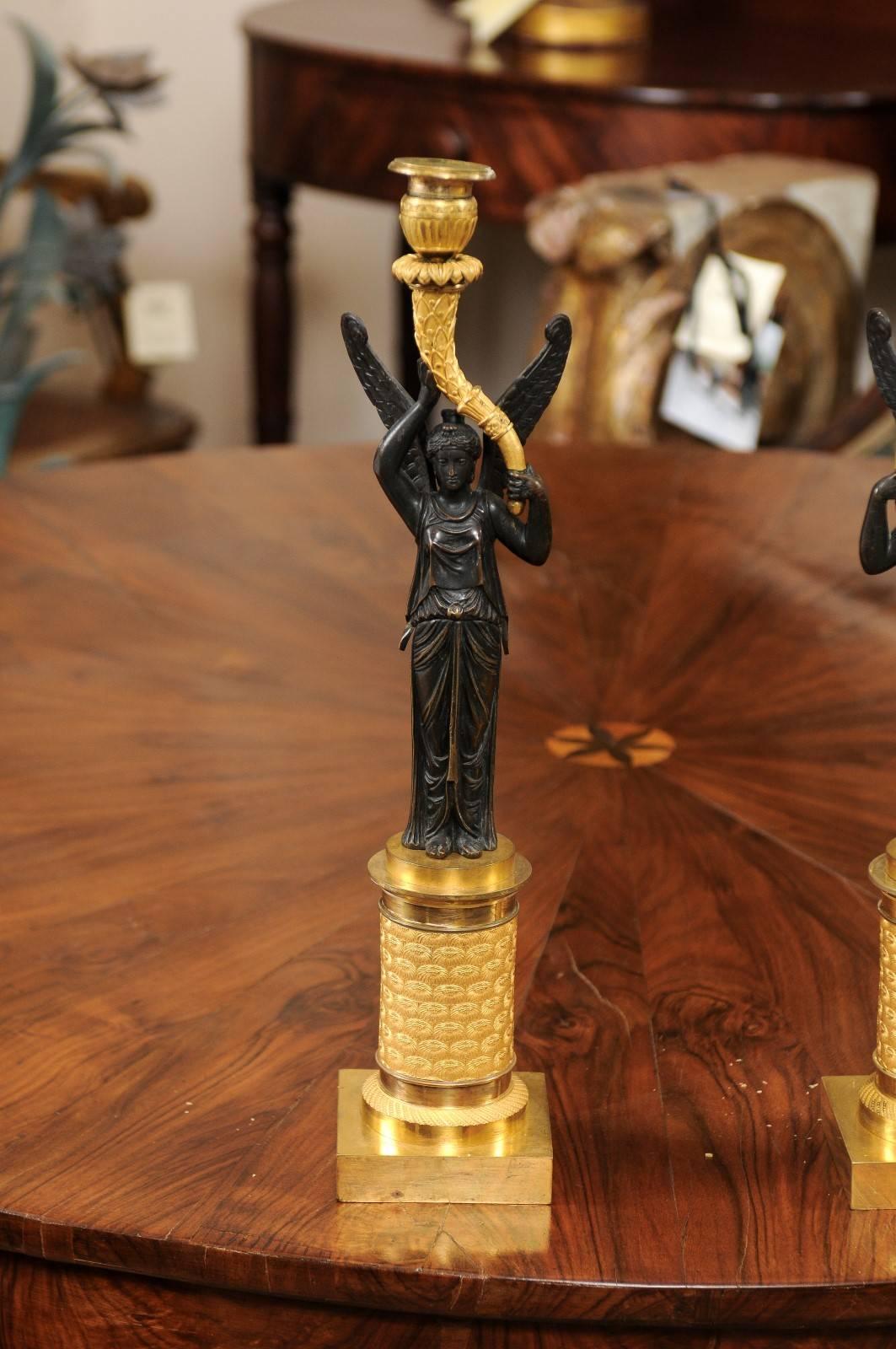 French Pair of Empire Candlesticks with Patinated Figures, France, 19th Century For Sale