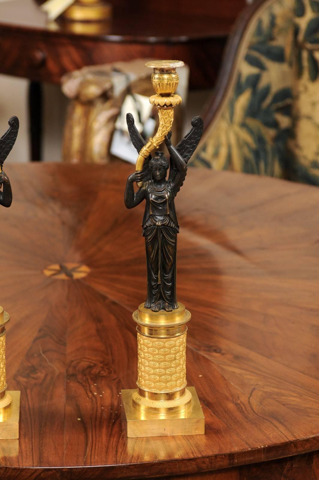 Pair of Empire Candlesticks with Patinated Figures, France, 19th Century In Good Condition For Sale In Atlanta, GA