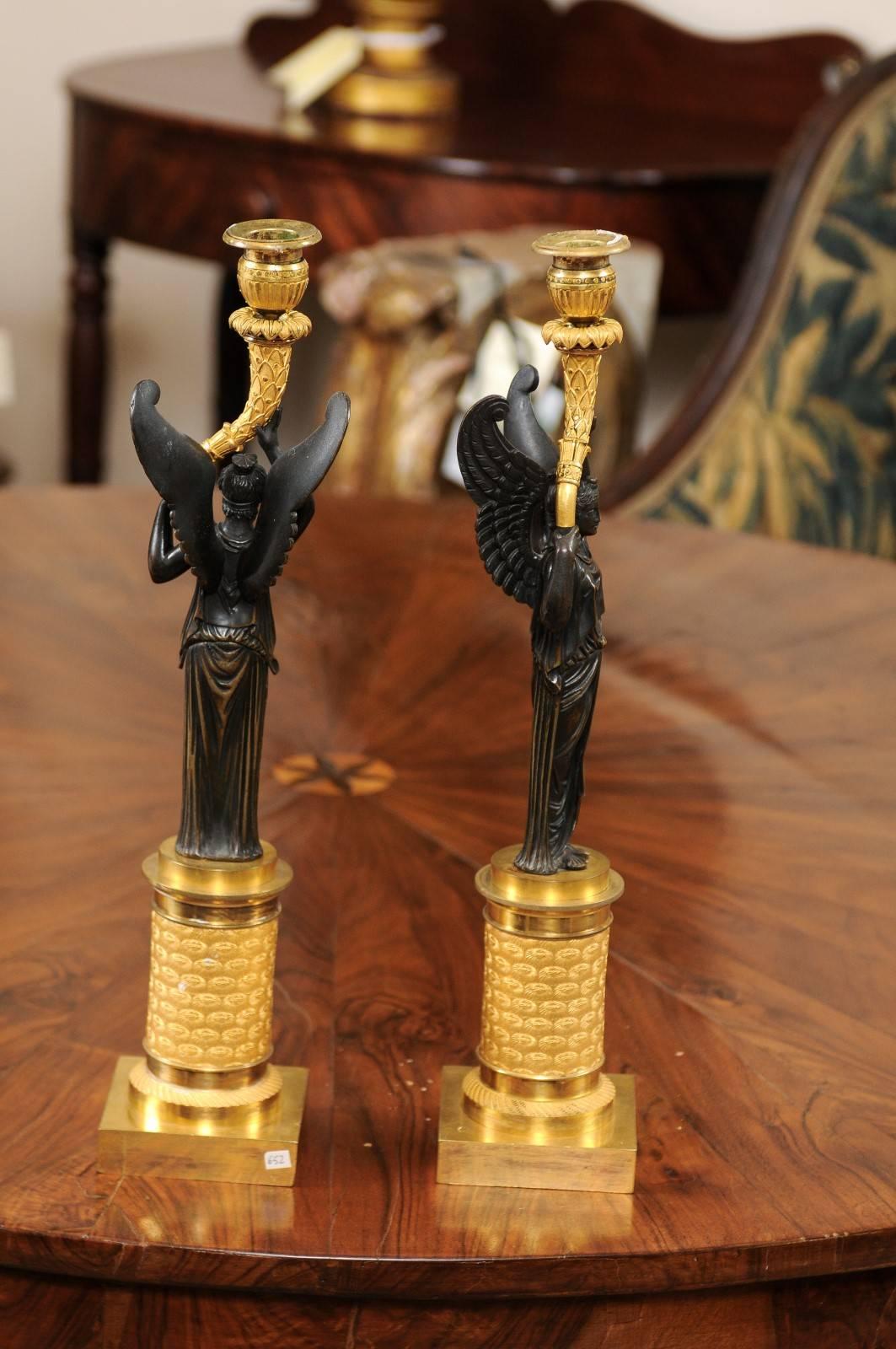 Pair of Empire Candlesticks with Patinated Figures, France, 19th Century For Sale 1