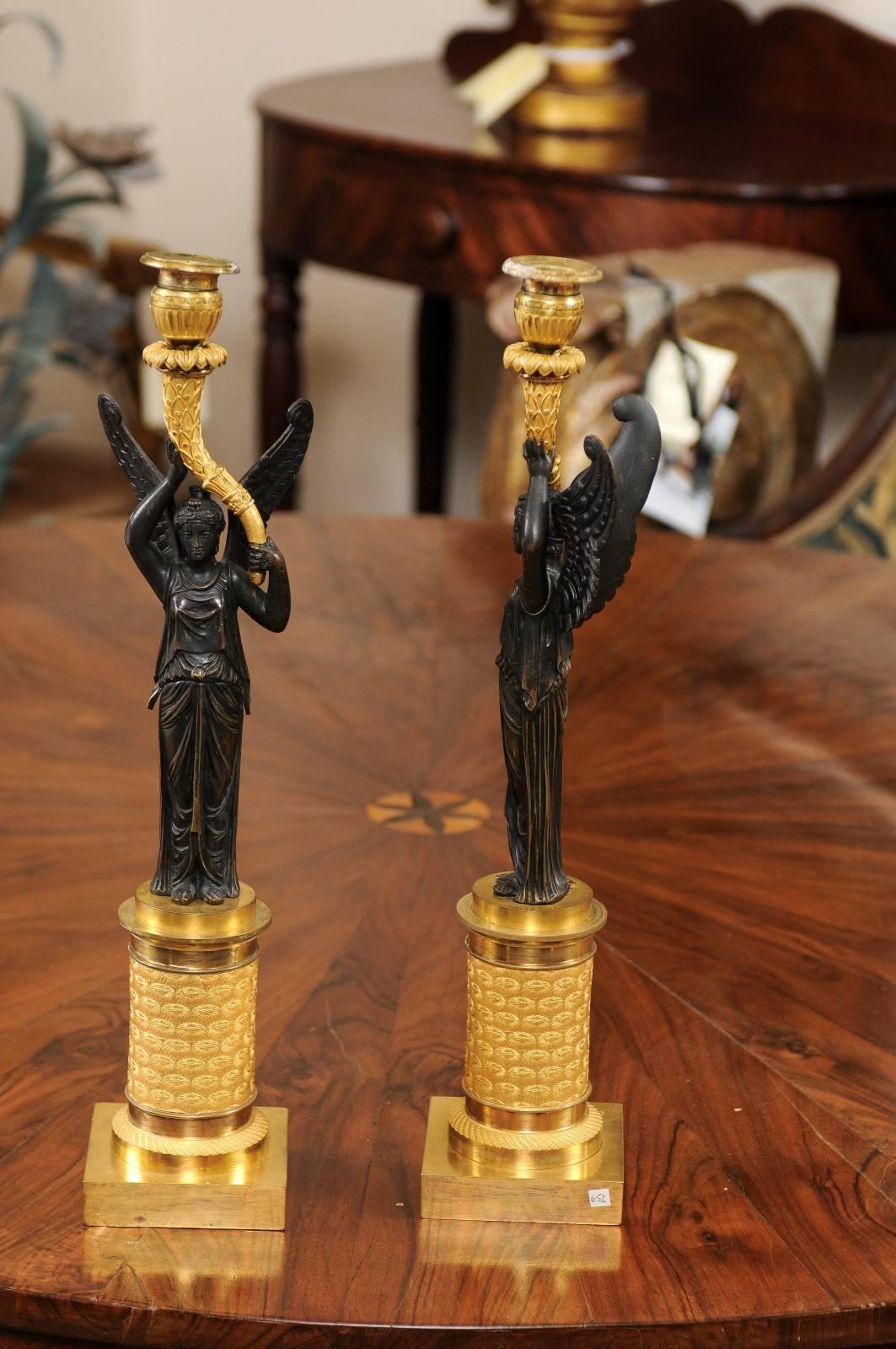 Pair of Empire Candlesticks with Patinated Figures, France, 19th Century For Sale 3