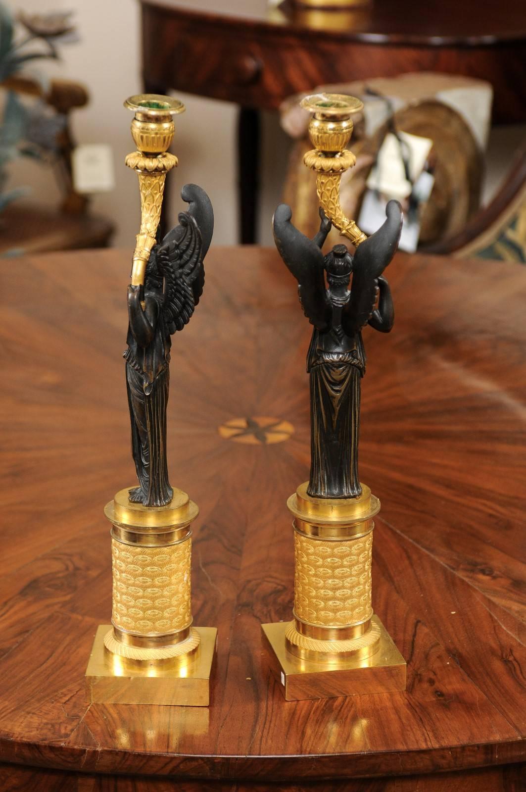 Pair of Empire Candlesticks with Patinated Figures, France, 19th Century For Sale 2