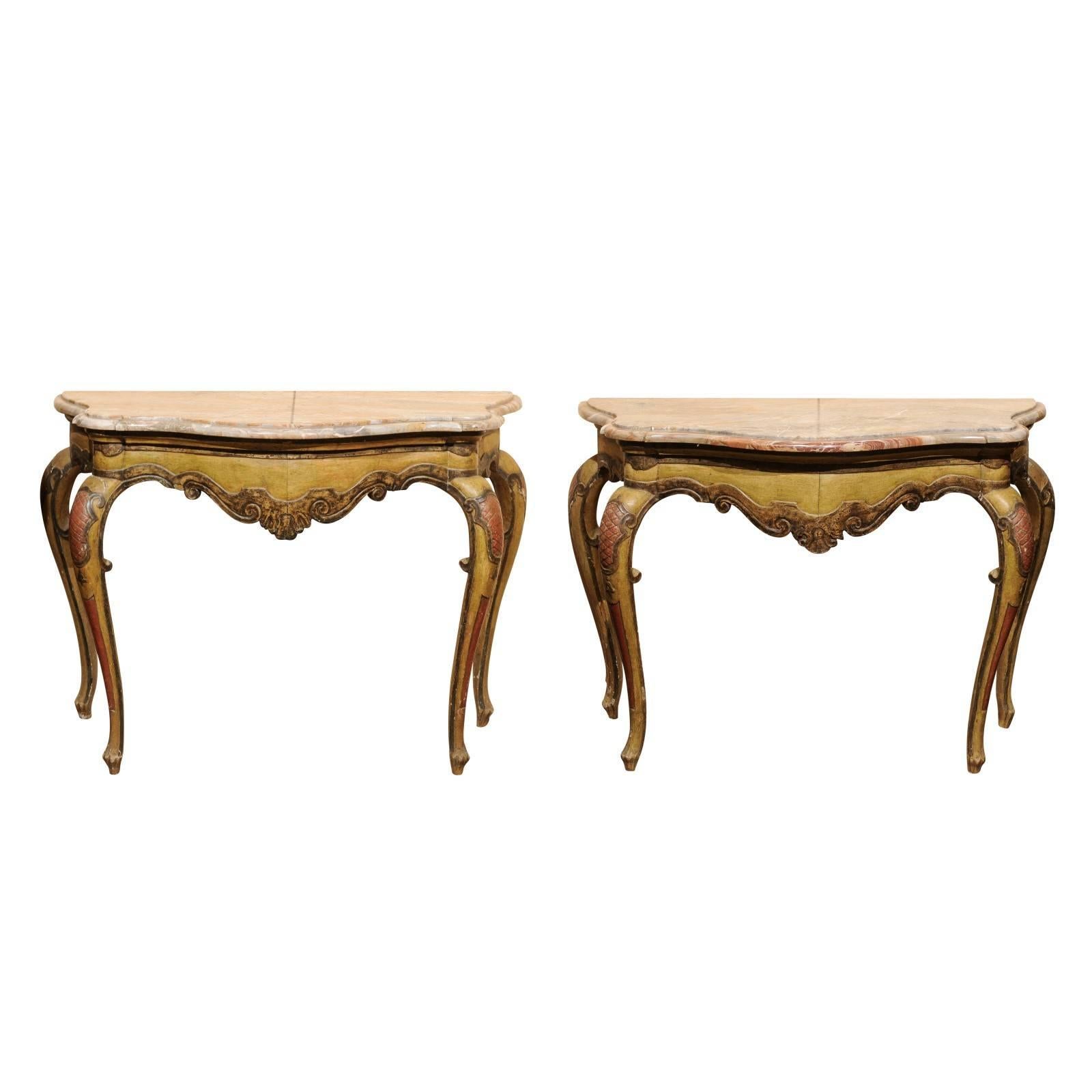 Pair of 19th Century Italian Rococo Style Painted Consoles For Sale