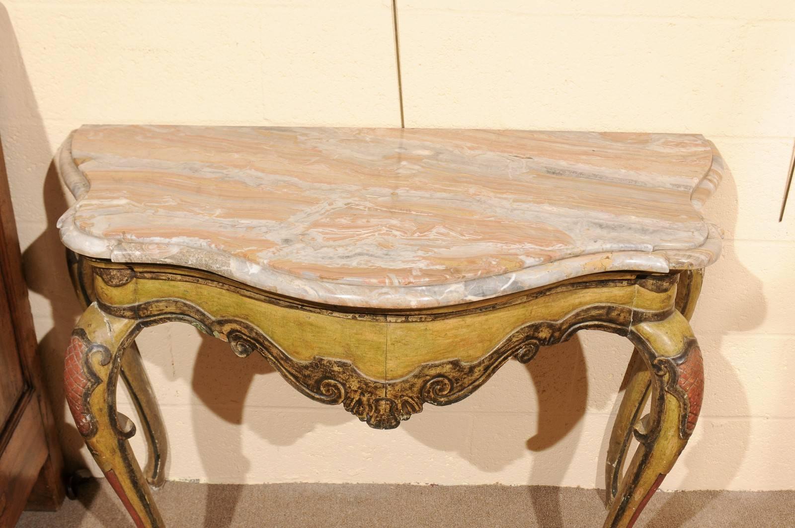 Pair of 19th Century Italian Rococo Style Painted Consoles For Sale 1