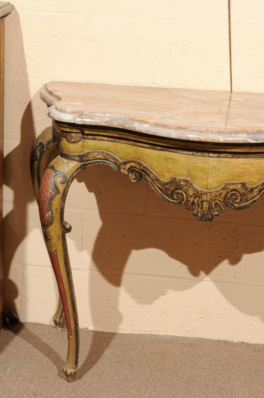 Marble Pair of 19th Century Italian Rococo Style Painted Consoles For Sale