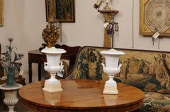Pair of Neoclassical Style White Porcelain Urns, Wired as Lamps, 19th Century