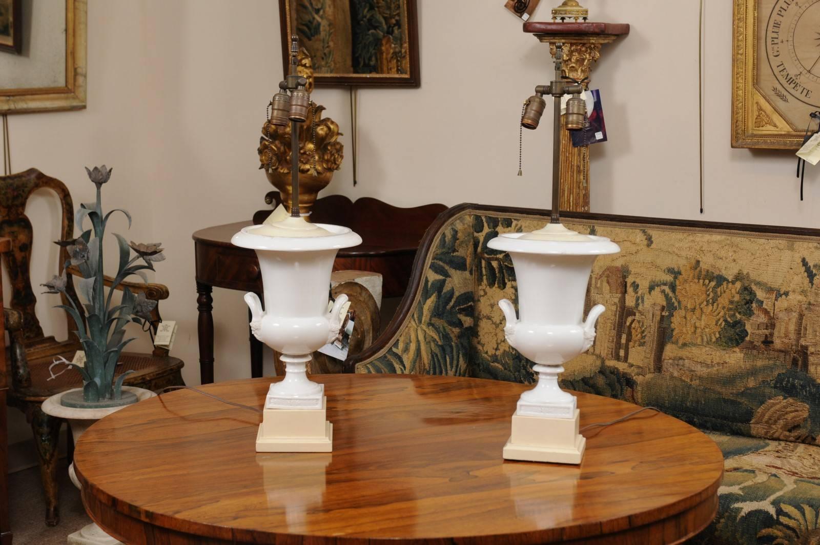 Pair of Neoclassical Style White Porcelain Urns, Wired as Lamps, 19th Century 2